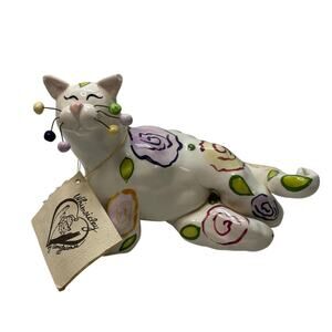 AS IS Whimsiclay by Amy Lacombe Cat Sculpture Figurine 2001 Painted Flowers